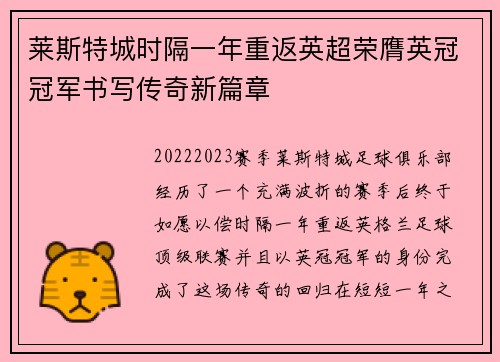 莱斯特城时隔一年重返英超荣膺英冠冠军书写传奇新篇章 莱斯特城时隔一年重返英超荣膺英冠冠军书写传奇新篇章